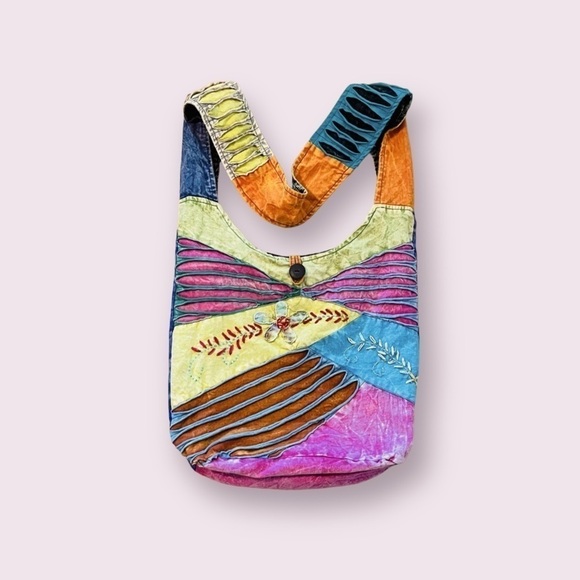 LARGE Nepal Boho Cotton Multicolored Floral Razor Cut Crossbody Shoulder Bag - Picture 1 of 4
